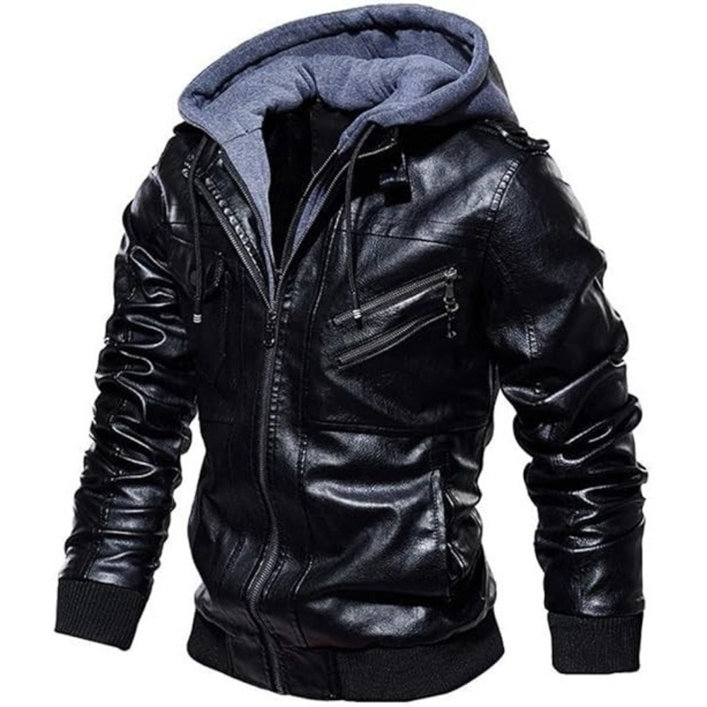 West Louis Men Faux Leather Slim Fit Motorcycle Jacket with Removable Hood Large - Picture 2 of 2